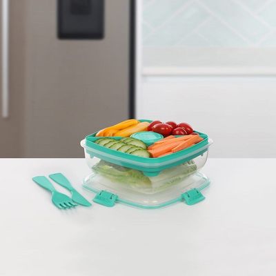 Sistema Salad To Go 1.1L ,Stackable & portable salad storage box, cutlery included & divided trays with easy locking clips. Its Microwave, Dishwasher Safe & BPA Free. Green Clip