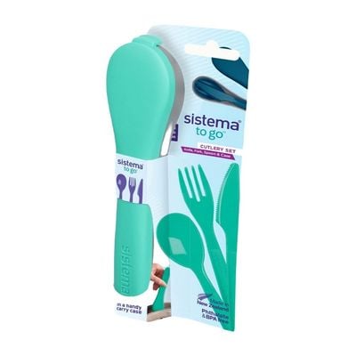 Sistema Cutlery Set to Go, consist of a full sized knife, Fork, spoon and a portable case. It is dishwasher, Freezer safe and BPA Free, Teal