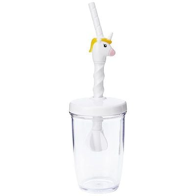 Joie Kitchen Gadgets MSC International 16162 Joie Unicorn Milk Mix with Lid Pump and Drinking Straw, 10-Ounce Capacity, Unicron Cup, White, Plastic