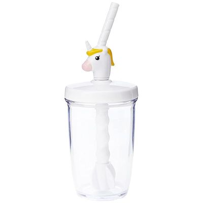 Joie Kitchen Gadgets MSC International 16162 Joie Unicorn Milk Mix with Lid Pump and Drinking Straw, 10-Ounce Capacity, Unicron Cup, White, Plastic