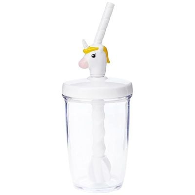 Joie Kitchen Gadgets MSC International 16162 Joie Unicorn Milk Mix with Lid Pump and Drinking Straw, 10-Ounce Capacity, Unicron Cup, White, Plastic
