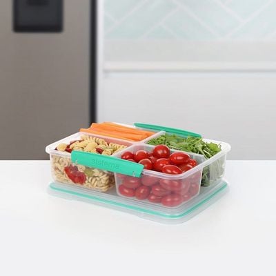 Sistema Quad Split To Go 1.74L with Green Clip, comes with stackable 4 compartments food storage design. Is microwave, dishwasher safe and Phthlate & BPA Free.  