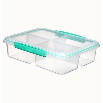 Sistema Quad Split To Go 1.74L with Green Clip, comes with stackable 4 compartments food storage design. Is microwave, dishwasher safe and Phthlate & BPA Free.  