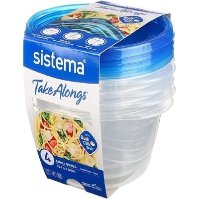 Sistema Takealongs Small Bowl food storage containers,clear with blue lid, Pack of 4, 760ML, Easy Clean, Microwave, dishwasher safe and BPA Free. 