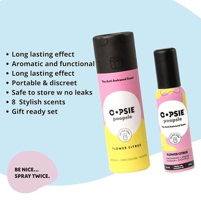 Oopsie Poopsie Pre-Poo toilet spray, discreet &amp; portable original odor deodorizer scents. 2Oz bottle - Flower Citrus