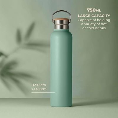 Tower Natural Life NL865026GRN Stainless Steel Bottle with Bamboo Lid, 750ml Capacity, Crafted from Sustainable Materials