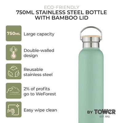 Tower Natural Life NL865026GRN Stainless Steel Bottle with Bamboo Lid, 750ml Capacity, Crafted from Sustainable Materials