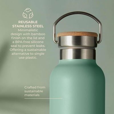 Tower Natural Life NL865026GRN Stainless Steel Bottle with Bamboo Lid, 750ml Capacity, Crafted from Sustainable Materials