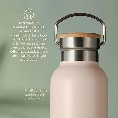 Tower Natural Life NL865026PNK Stainless Steel Bottle with Bamboo Lid, 750ml Capacity, Crafted from Sustainable Materials