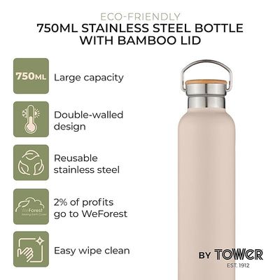 Tower Natural Life NL865026PNK Stainless Steel Bottle with Bamboo Lid, 750ml Capacity, Crafted from Sustainable Materials
