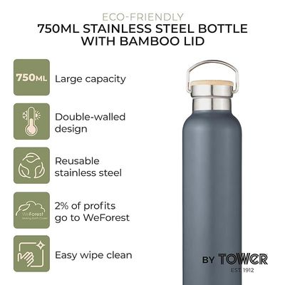 Tower Natural Life NL865026SLT Stainless Steel Bottle with Bamboo Lid, 750ml Capacity, Crafted from Sustainable Materials