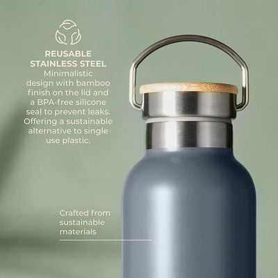 Tower Natural Life NL865026SLT Stainless Steel Bottle with Bamboo Lid, 750ml Capacity, Crafted from Sustainable Materials