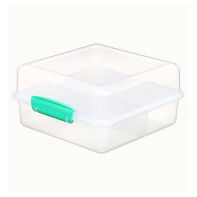 Sistema Lunch Cube 1.4L Two level Food Storage Box with multiple compartments and easy locking clips. Is Microwave & Dishwasher Safe and BPA Free, Clear with ocean Blue Lid.