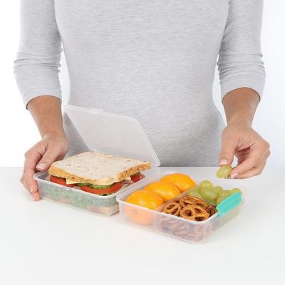 Sistema Lunch Cube 1.4L Two level Food Storage Box with multiple compartments and easy locking clips. Is Microwave & Dishwasher Safe and BPA Free, Clear with ocean Blue Lid.