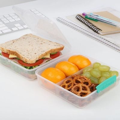 Sistema Lunch Cube 1.4L Two level Food Storage Box with multiple compartments and easy locking clips. Is Microwave & Dishwasher Safe and BPA Free, Clear with ocean Blue Lid.