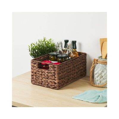 Small Water Hyacinth Storage Basket with Handle Brown L33.6 x W23 x H15 cm