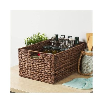 Large Water Hyacinth Storage Basket with Handle Brown L44 x W30 x H20 cm