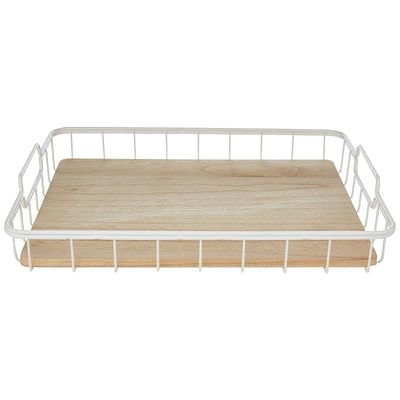 IDesign Metal and Paulownia Wood Serving Tray, 14.5-Inch x 17.5-Inch x 3.2-Inch Size, Beige