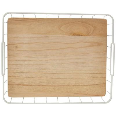 IDesign Metal and Paulownia Wood Serving Tray, 14.5-Inch x 17.5-Inch x 3.2-Inch Size, Beige