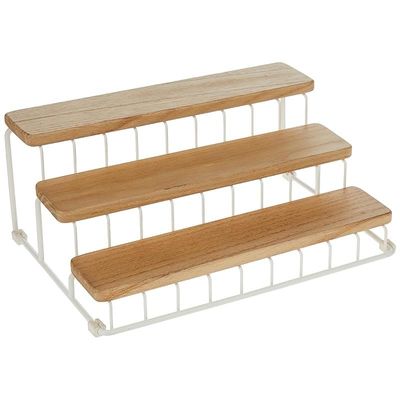 IDesign Wire and Paulownia Wood 3-Tire Spice Rack, White/Beige