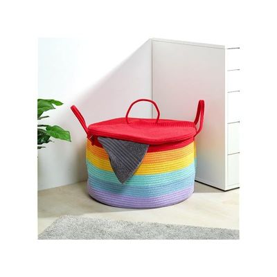 Rainbow Cotton Rope Basket With Lid Dia50 X H35Cm