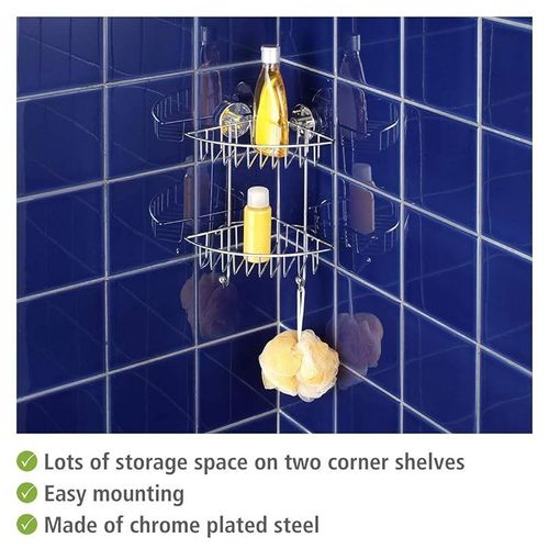 WENKO, Vacuum-Loc¬Æ Bathroom 2-Tier Corner Rack Bari, Steel, Adjustable Bath &amp; Shower Storage, Easy Install with No Drilling, 22.5x29.5x16cm, Chrome