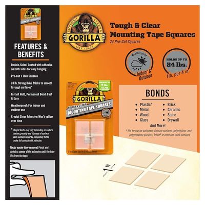 Gorilla Tough &amp; Clear Double Sided Mounting Tape Squares, 24 1" Pre-Cut Clear, (Pack Of 1) - 6067201