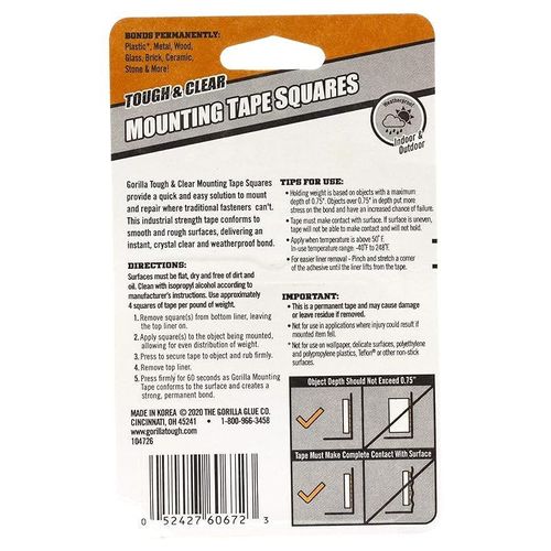 Gorilla Tough &amp; Clear Double Sided Mounting Tape Squares, 24 1" Pre-Cut Clear, (Pack Of 1) - 6067201
