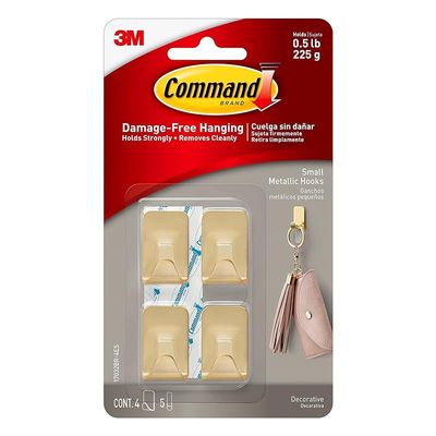 Command 17032G-4UKN Metallic Hook, small, gold color, Organize and Decorate Damage-Free, 4 hooks and 5 strips/pack