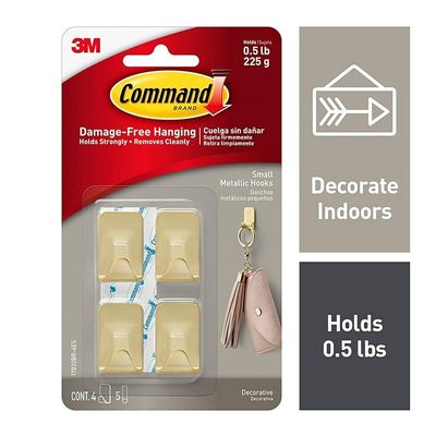 Command 17032G-4UKN Metallic Hook, small, gold color, Organize and Decorate Damage-Free, 4 hooks and 5 strips/pack