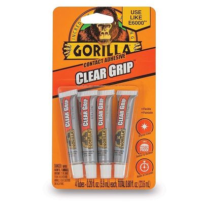 Gorilla Clear Grip Contact Adhesive Minis, Waterproof, Four .2 Ounce Tubes, Clear, (Pack Of 1)