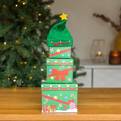 Stackable Christmas Tree Gift Boxes, Nested Christmas Eve Box, Father Box, 3 Tier Nest Box - 3 Pack