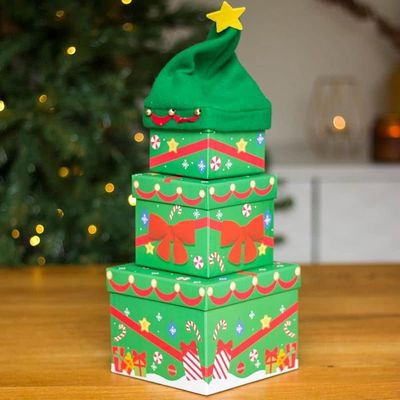 Stackable Christmas Tree Gift Boxes, Nested Christmas Eve Box, Father Box, 3 Tier Nest Box - 3 Pack