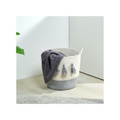 Homesmiths Cotton Rope Basket Upper Mouth White &amp; Light Grey Dia30 X H30Cm
