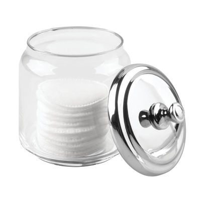 iDesign York Bathroom Vanity Glass Apothecary Jar for Cotton Balls, Swabs, Cosmetic Pads - Clear/Polished Lid,Small