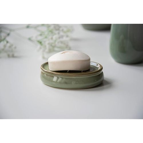 WENKO Sirmione Soap Dish Made of High-Quality Ceramic, Oval Shelf for Piece Soap, Soap Dish with Non-Slip Groove Structure, Soap Holder Diameter 12 x 3 cm, Decorative Utensil Holder Green/Copper