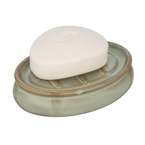 WENKO Sirmione Soap Dish Made of High-Quality Ceramic, Oval Shelf for Piece Soap, Soap Dish with Non-Slip Groove Structure, Soap Holder Diameter 12 x 3 cm, Decorative Utensil Holder Green/Copper