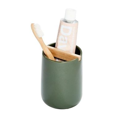 iDesign Ceramic Earth Collection Toothbrush Holder with Paulownia Wood Divider, Moss/Natural Wood