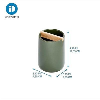 iDesign Ceramic Earth Collection Toothbrush Holder with Paulownia Wood Divider, Moss/Natural Wood