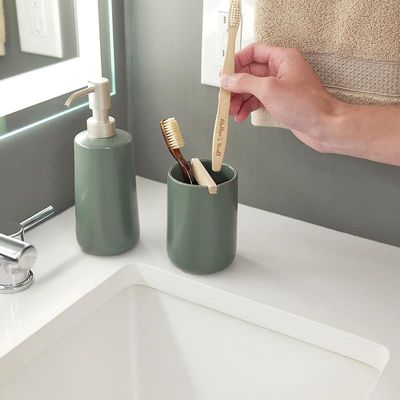 iDesign Ceramic Earth Collection Toothbrush Holder with Paulownia Wood Divider, Moss/Natural Wood