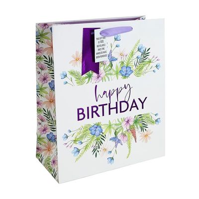 Eurowrap Floral White Kraft Happy Birthday Gift Bag With Gift Tag, Design By Jeff Banks 100% Recyclable Large