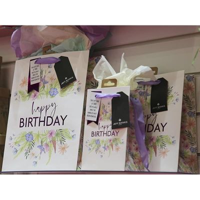 Eurowrap Floral White Kraft Happy Birthday Gift Bag With Gift Tag, Design By Jeff Banks 100% Recyclable Large