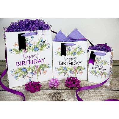 Eurowrap Floral White Kraft Happy Birthday Gift Bag With Gift Tag, Design By Jeff Banks 100% Recyclable Large