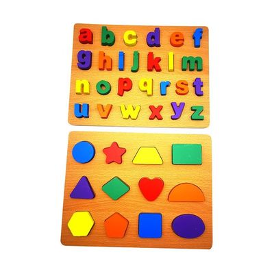 Learning Wooden Alphabet With Geometric Shape Puzzle Preschool Learning Toys 30 x 23cm