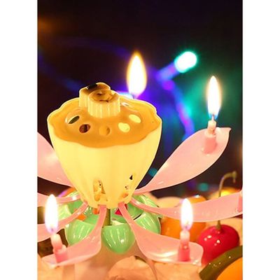 Romantic Musical Lotus Flower Birthday Music Candle for Birthday Cake Decor Pink/Yellow/Green