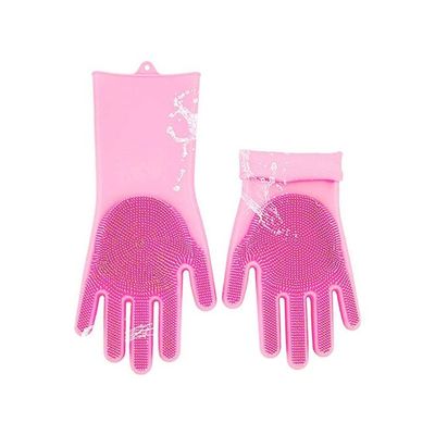 Magic Silicone Gloves With Wash Scrubber Dishwashing Cleaning Pink