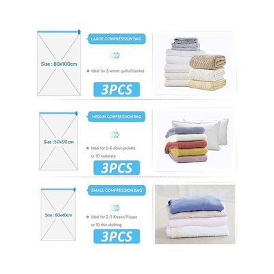 9-Pack Reusable Vacuum Storage Bags  With Travel Hand Pump White/Blue 80x100cm