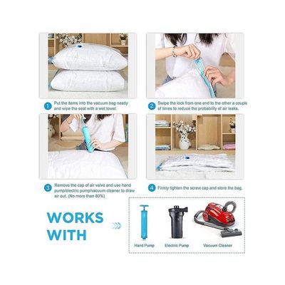 9-Pack Reusable Vacuum Storage Bags  With Travel Hand Pump White/Blue 80x100cm