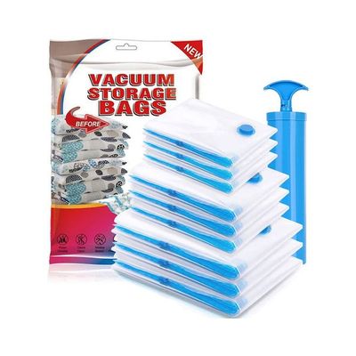 9-Pack Reusable Vacuum Storage Bags  With Travel Hand Pump White/Blue 80x100cm