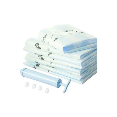 10-Piece Reusable Vacuum Storage Bags With Pump Sealing Clips Set Blue/White